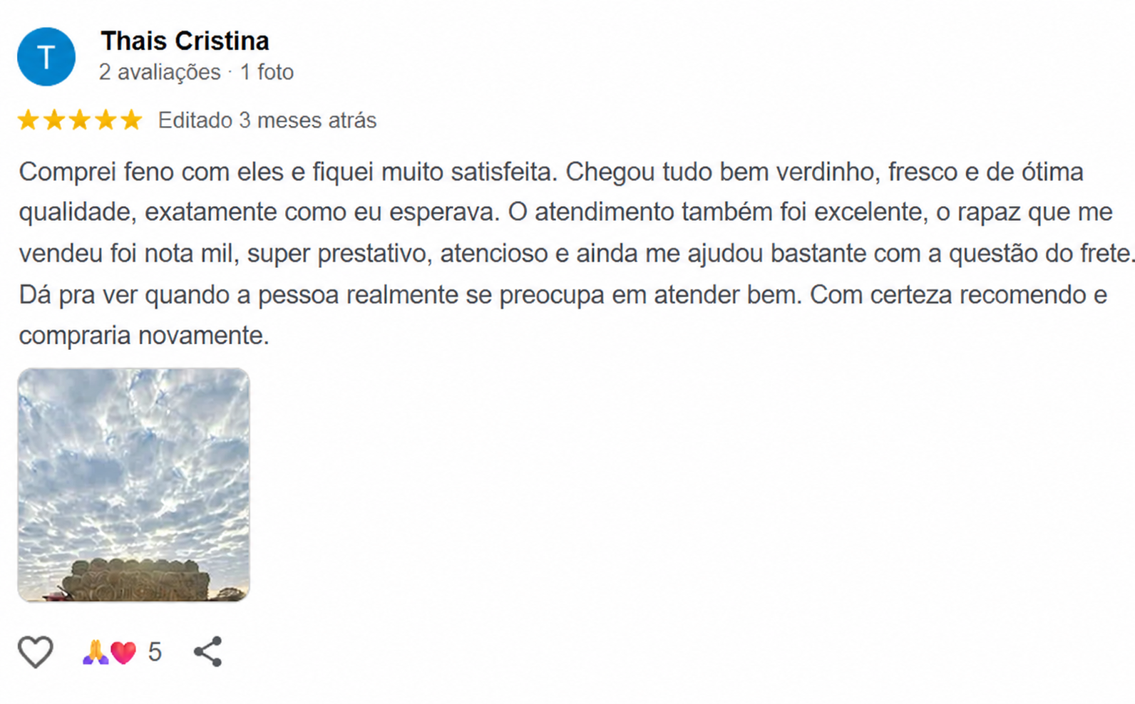 Avaliação de cinco estrelas de Thais Cristina sobre o Grupo Gonçalves
